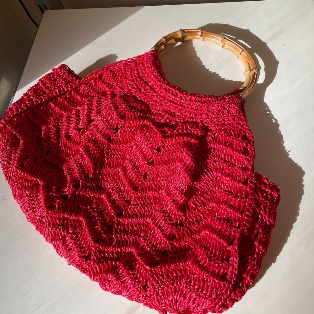 Red Macrame with Wooden Clutch Handles Handbags